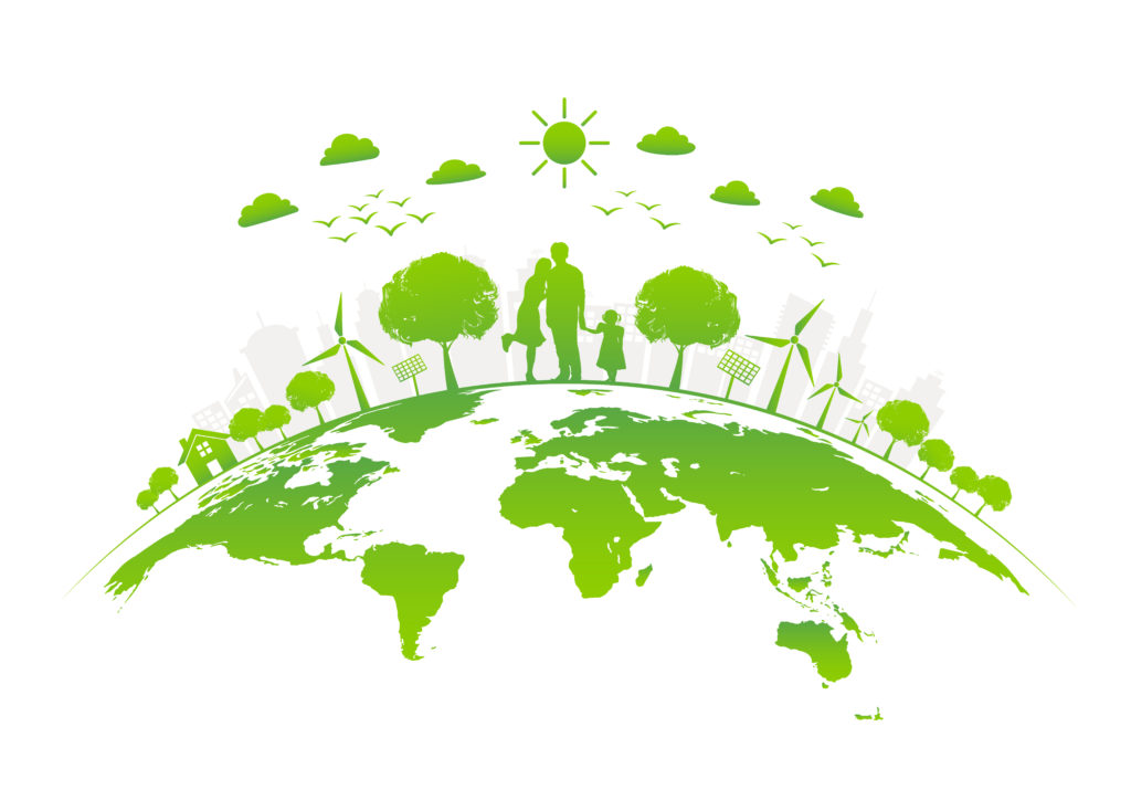 Eco friendly with green city on earth, World environment day and sustainable development concept, vector illustration